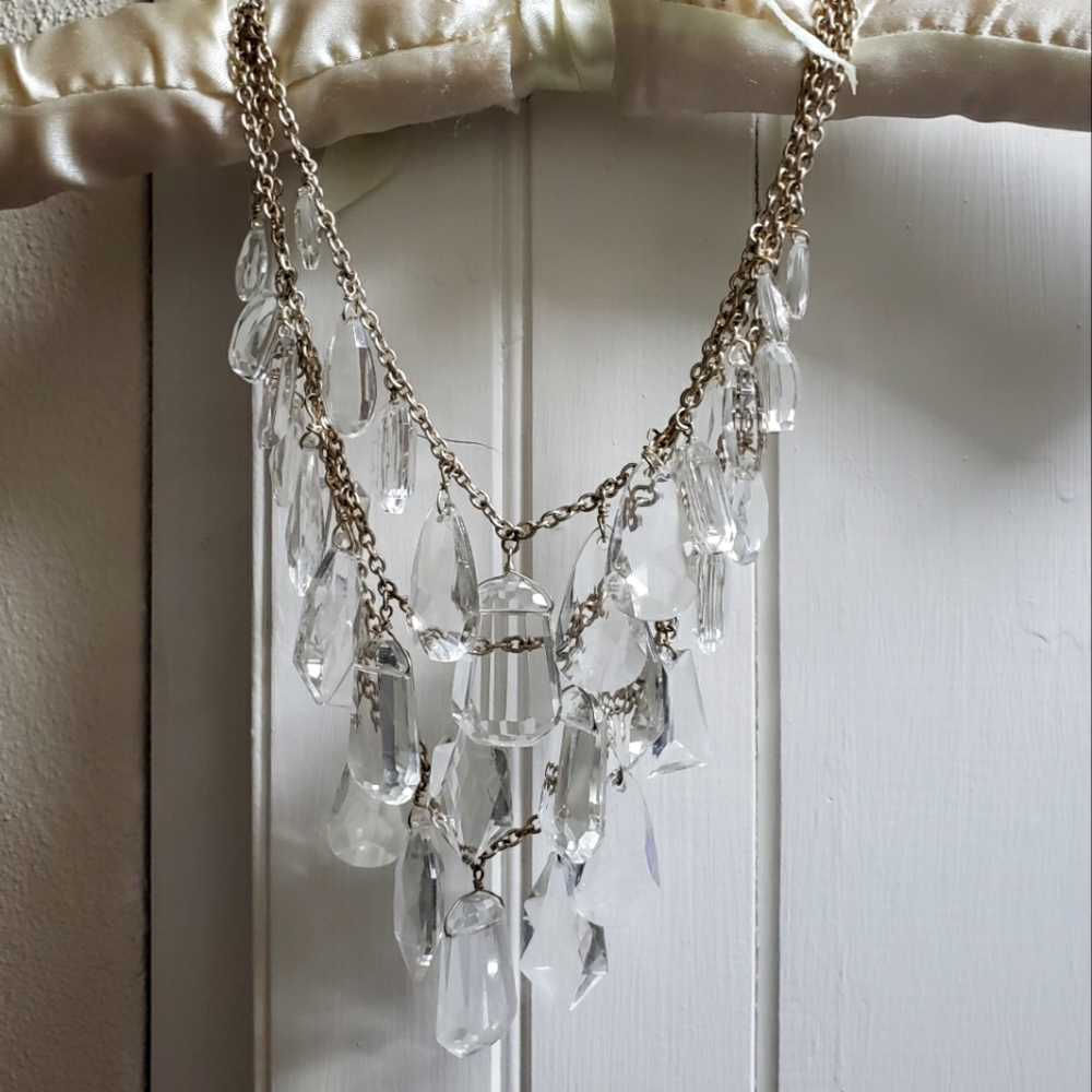Talbots Square Clear Acrylic 3-Tier Silver Tone Necklace